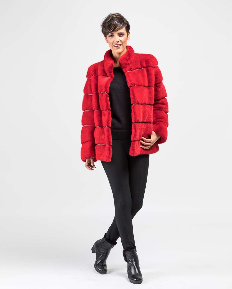 Chaqueta de pelo de mujer de visón con cuello levantado - De la Roca - Rojo Rojo-4