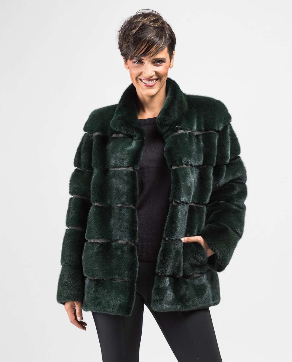 Chaqueta de pelo de mujer de visón con cuello levantado - De la Roca - Verde oscuro Verde oscuro-1