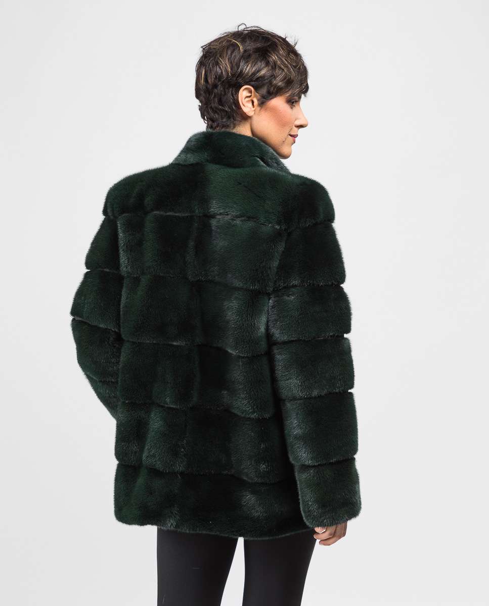 Chaqueta de pelo de mujer de visón con cuello levantado - De la Roca - Verde oscuro Verde oscuro-2