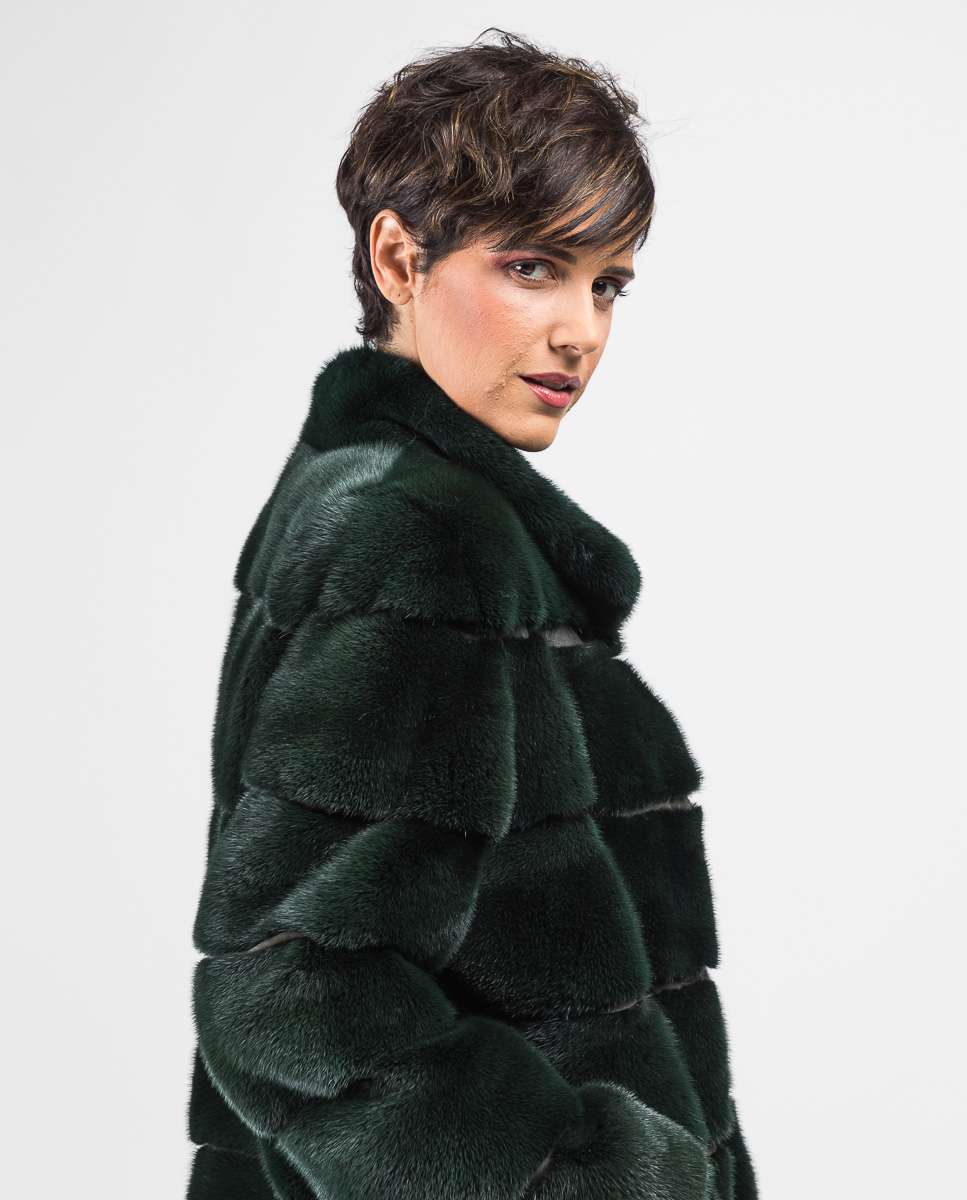 Chaqueta de pelo de mujer de visón con cuello levantado - De la Roca - Verde oscuro Verde oscuro-3