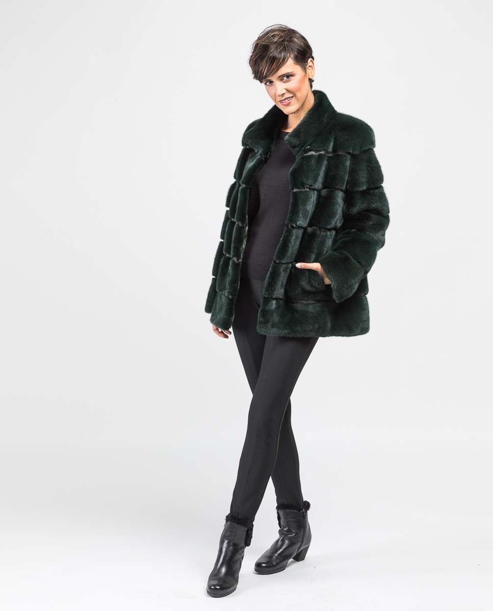 Chaqueta de pelo de mujer de visón con cuello levantado - De la Roca - Verde oscuro Verde oscuro-4