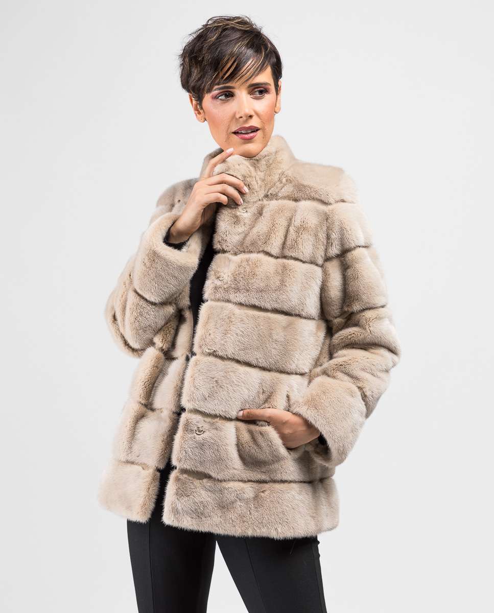 Chaqueta de pelo de mujer de visón con cuello levantado - De la Roca - Beige Beige-1
