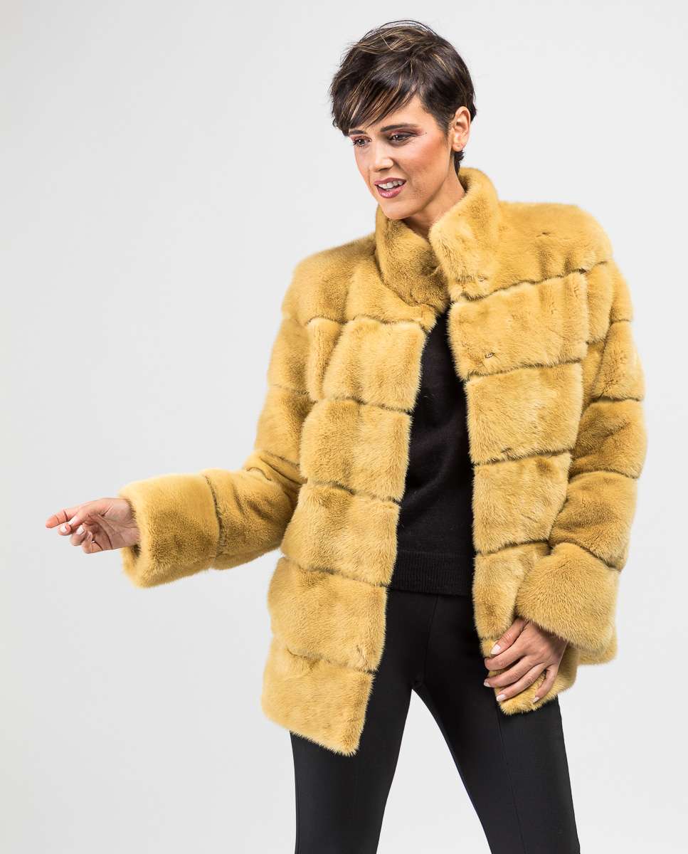 Chaqueta de pelo de mujer de visón con cuello levantado - De la Roca - Amarillo Amarillo-1