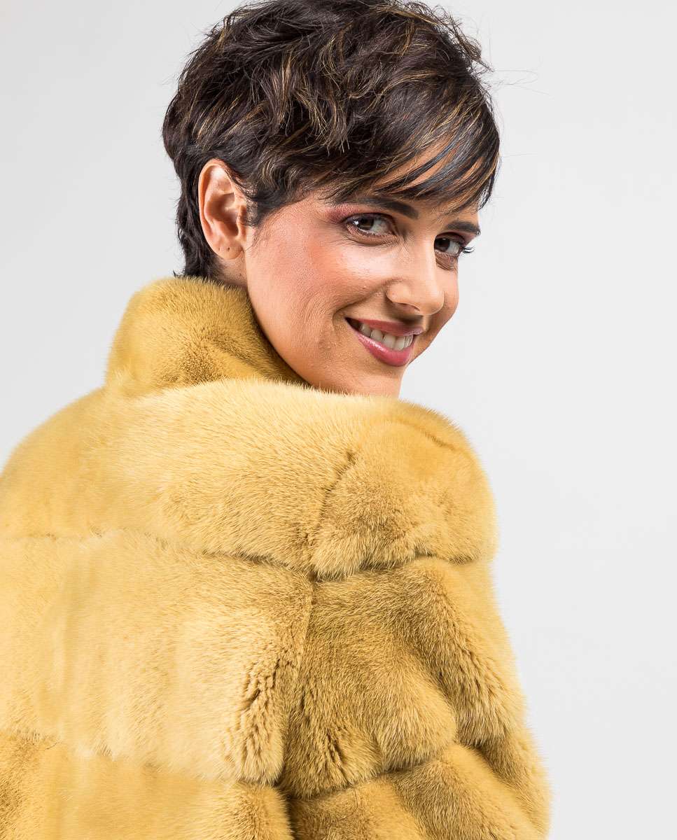 Chaqueta de pelo de mujer de visón con cuello levantado - De la Roca - Amarillo Amarillo-3