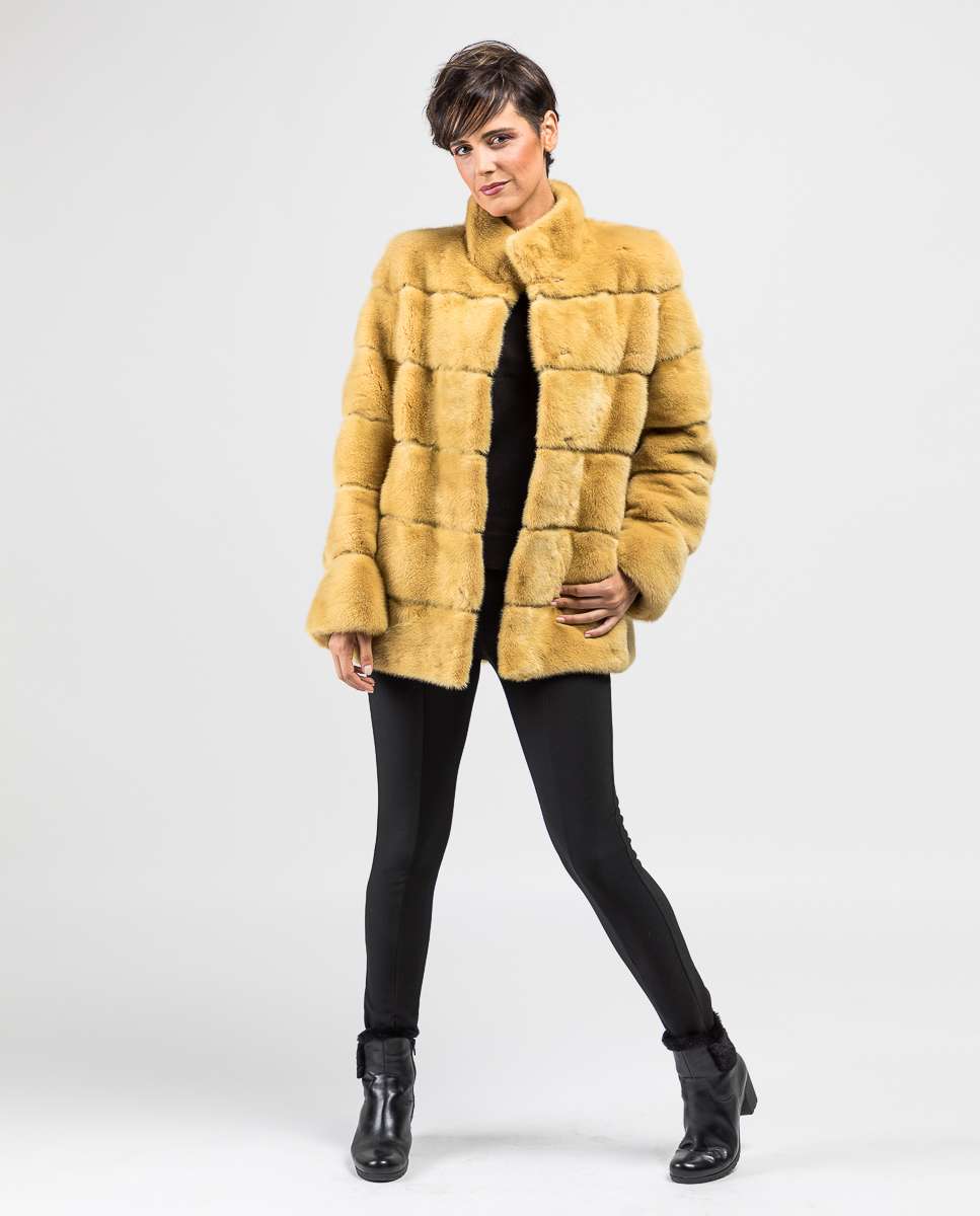 Chaqueta de pelo de mujer de visón con cuello levantado - De la Roca - Amarillo Amarillo-4