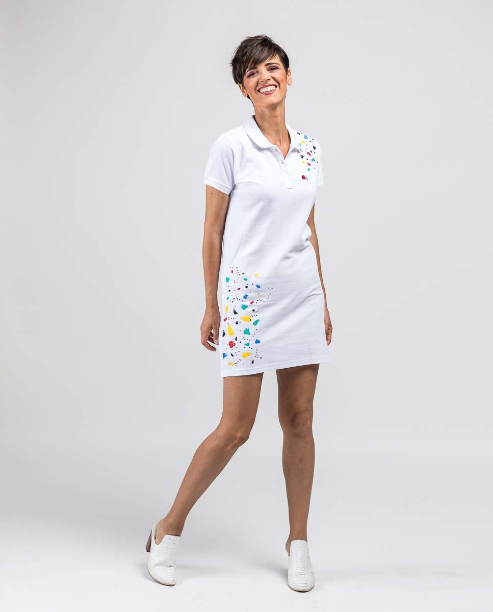 Vestido corto de piqué con cuello polo de manga corta - De la Roca - Blanco Blanco-1