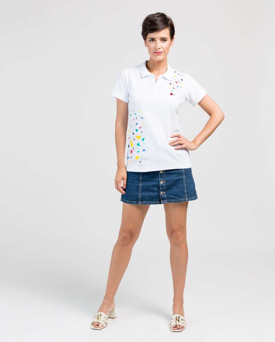 Polo de mujer de piqué con estampado de colores - De la Roca - Blanco Blanco-4