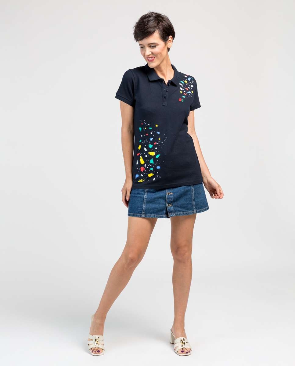 Polo de mujer de piqué con estampado de colores - De la Roca - Azul oscuro Azul oscuro-4