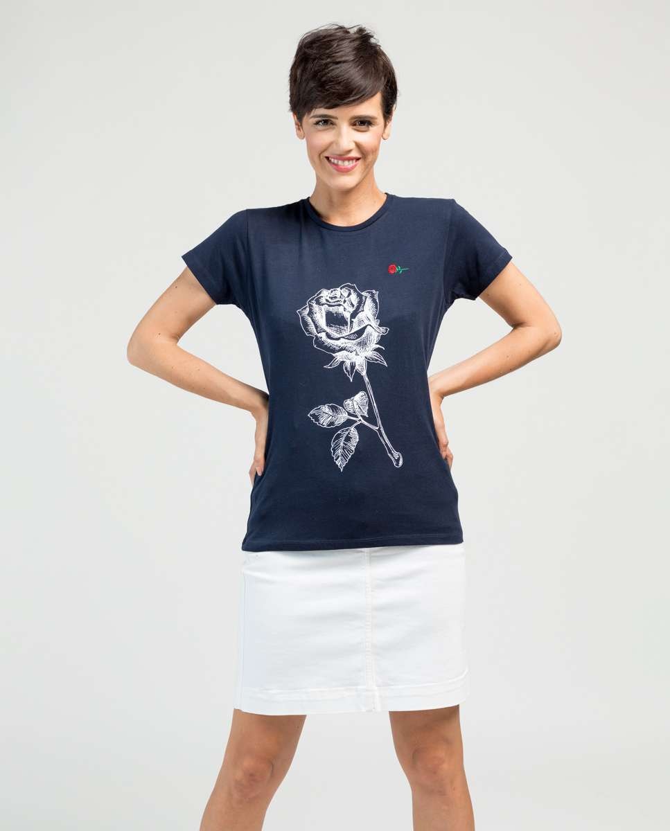 Camiseta de mujer de manga corta con dibujo frontal - De la Roca - Azul marino Azul marino-1