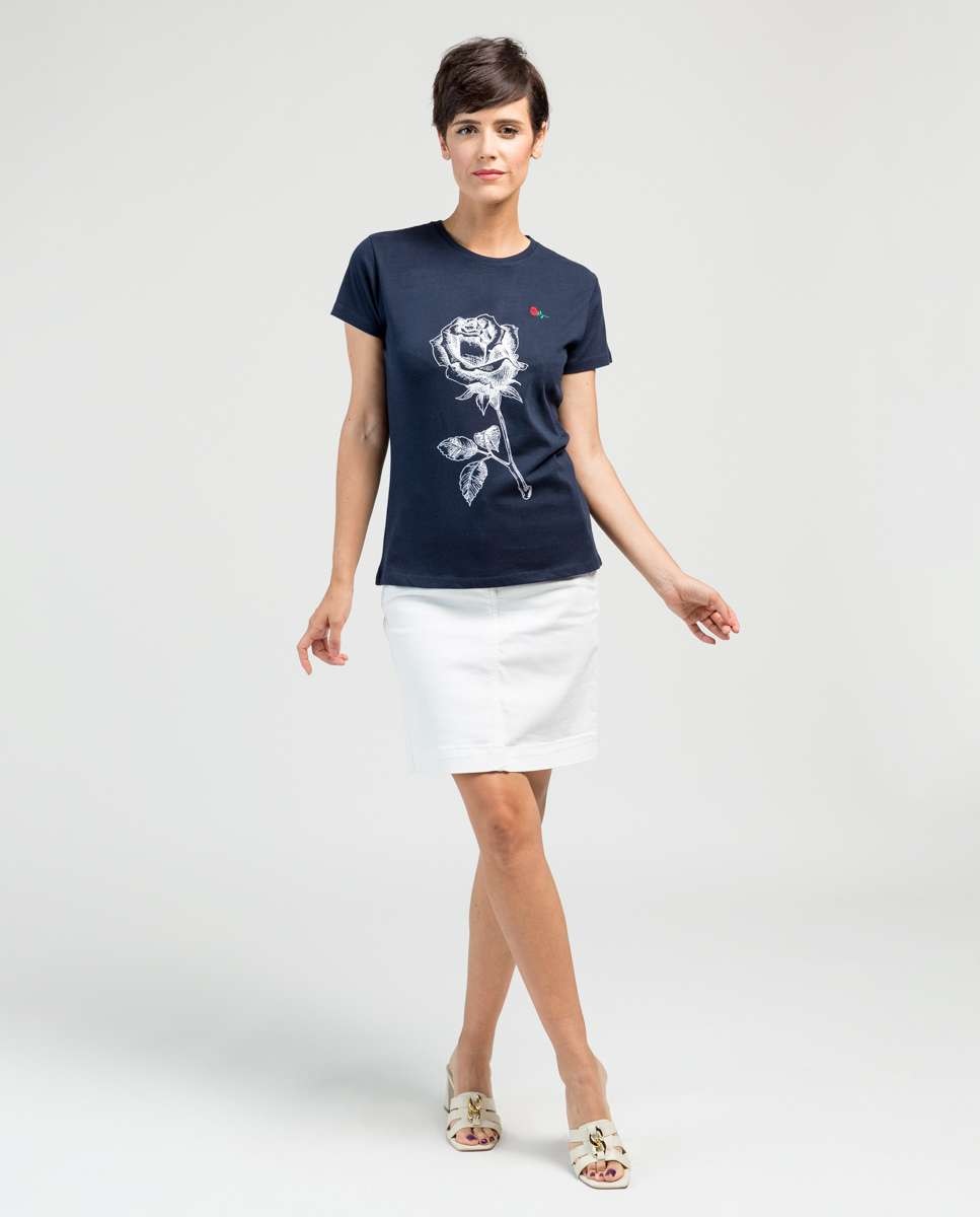 Camiseta de mujer de manga corta con dibujo frontal - De la Roca - Azul marino Azul marino-4