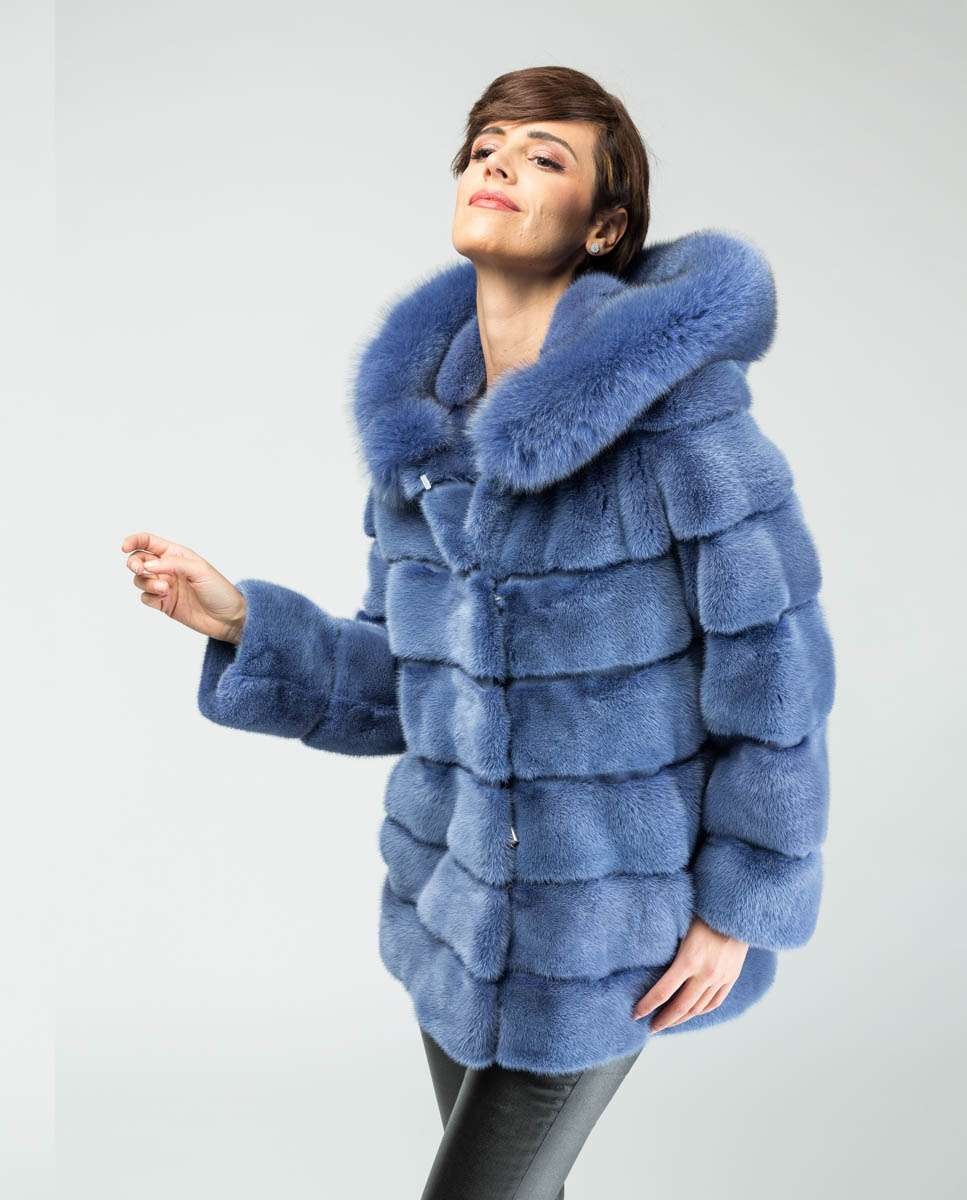 Abrigo de pelo de mujer de visón con capucha - De la Roca - Azul Azul-1