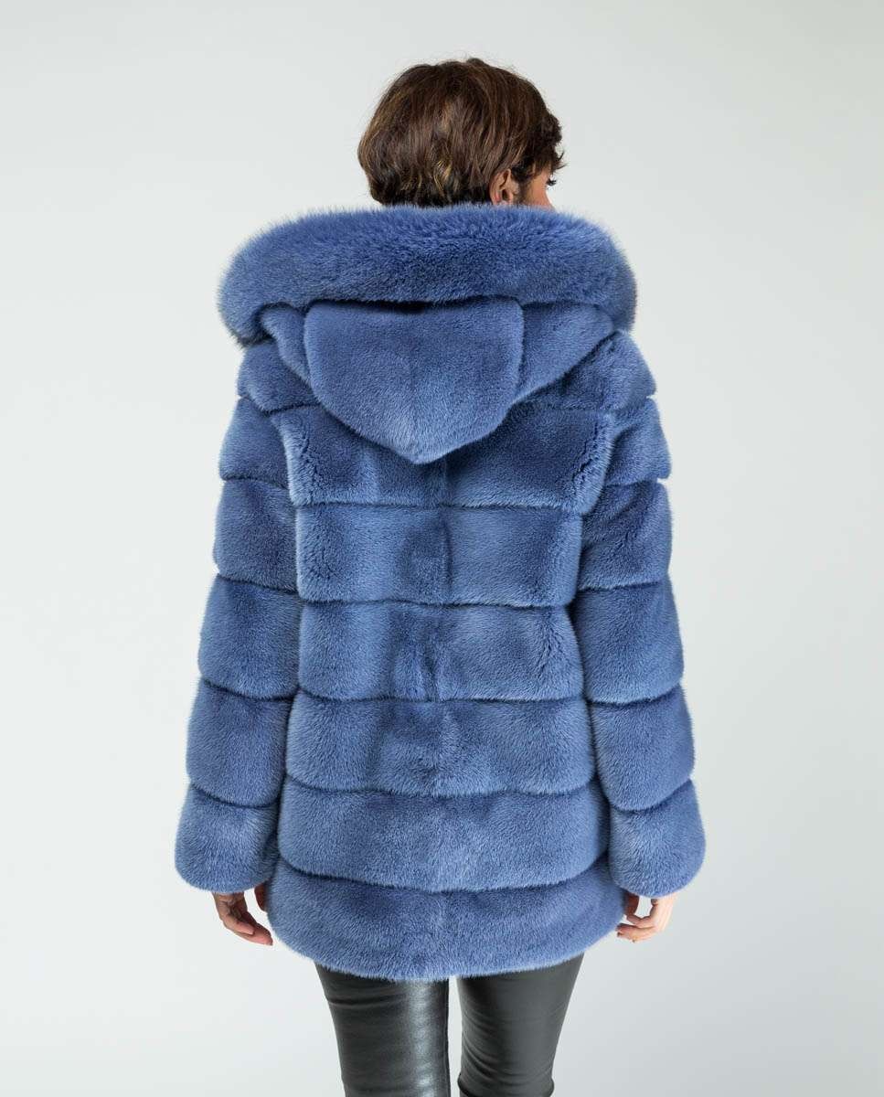 Abrigo de pelo de mujer de visón con capucha - De la Roca - Azul Azul-2
