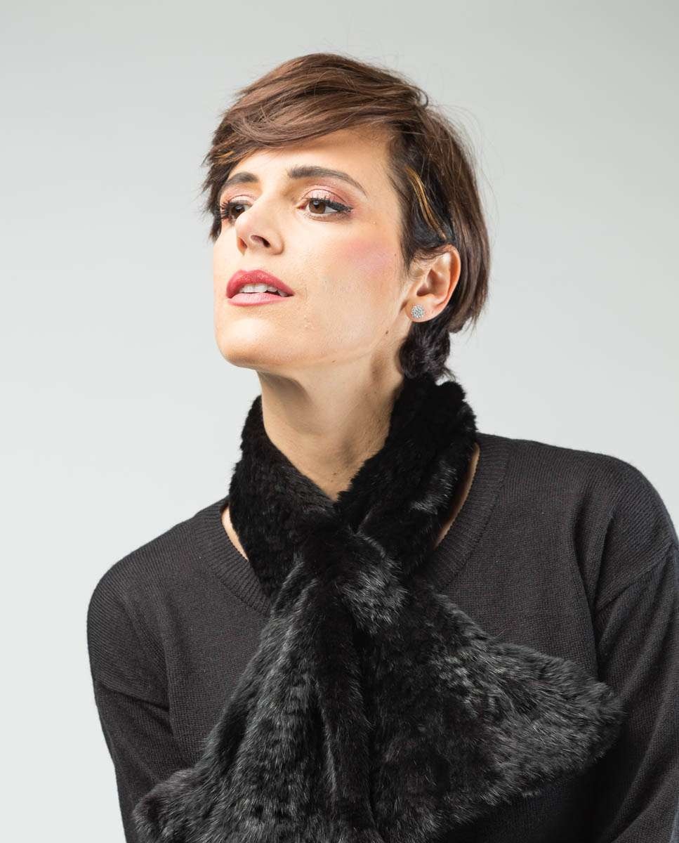 Bufanda de pelo de visón tricotado en color - De la Roca - Negro Negro-3