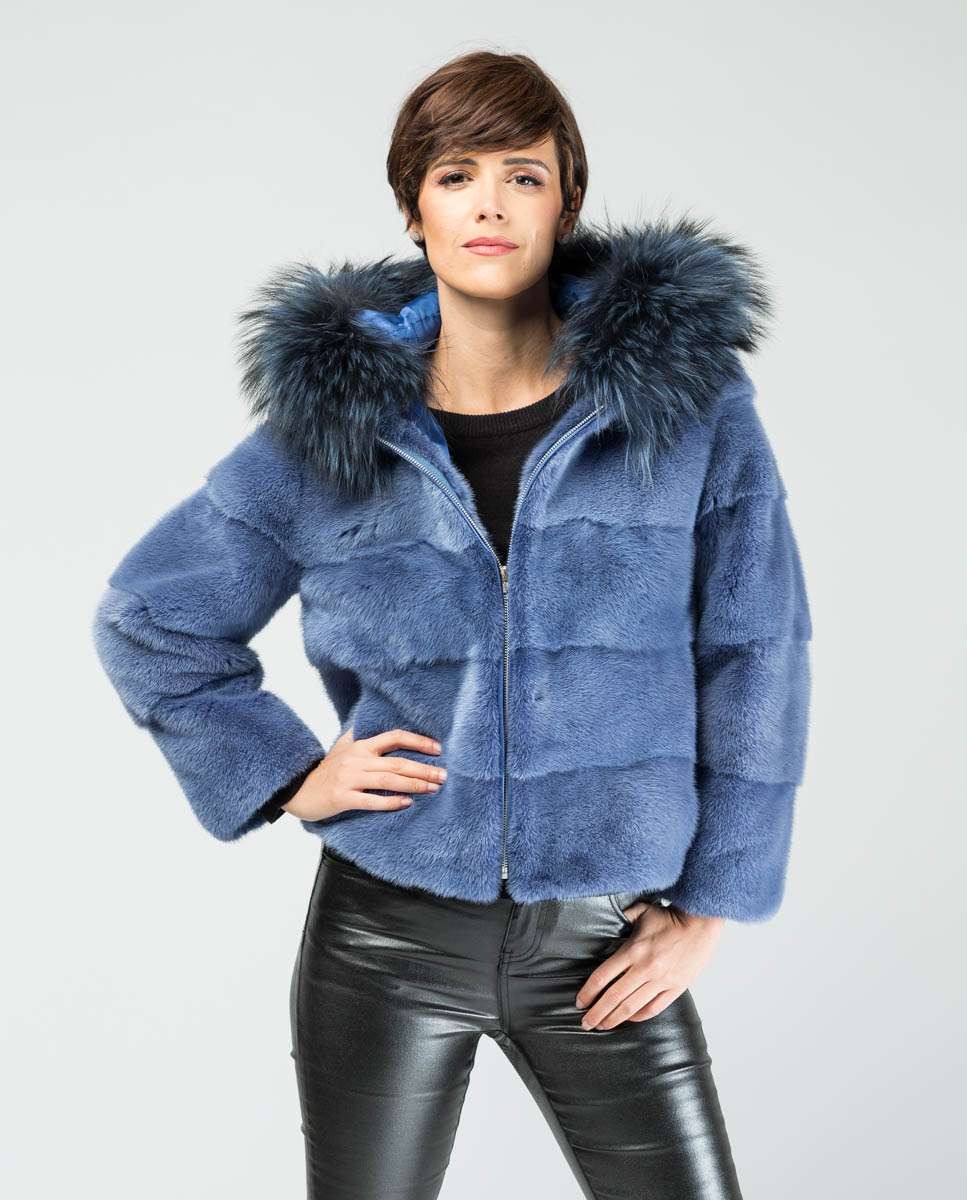 Chaqueta de pelo de mujer de visón con capucha - De la Roca - Azul Azul-1