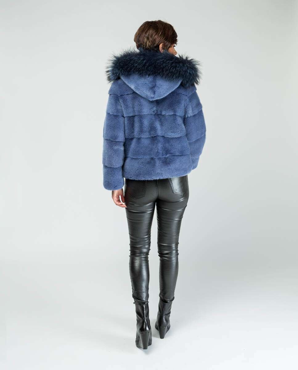 Chaqueta de pelo de mujer de visón con capucha - De la Roca - Azul Azul-2