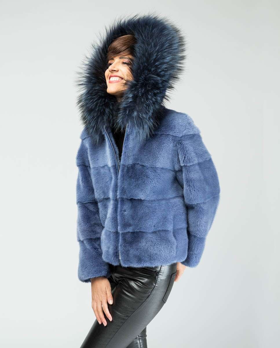 Chaqueta de pelo de mujer de visón con capucha - De la Roca - Azul Azul-3