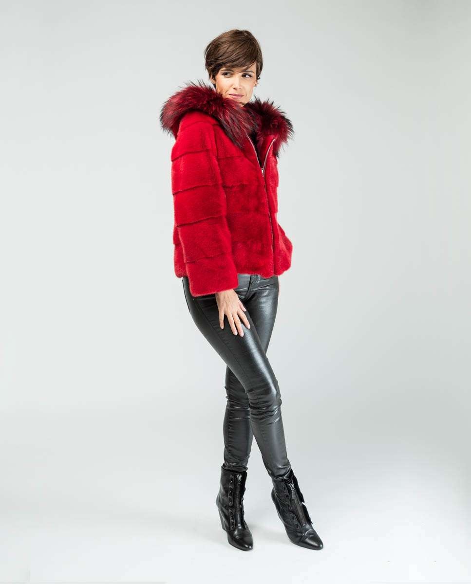 Chaqueta de pelo de mujer de visón con capucha - De la Roca - Rojo Rojo-4
