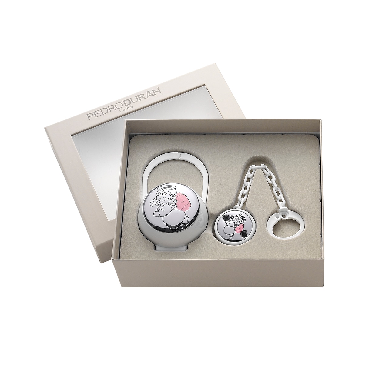 Pack de regalo porta chupete y pinza Querubín Pedro Durán - Rosa Rosa-1