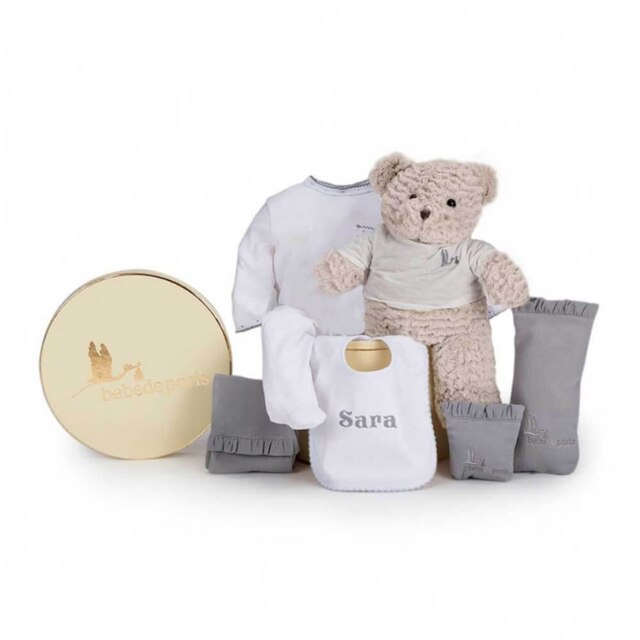 Canastilla personalizada Bebé de París de babero bordado y complementos para bebé en color gris
