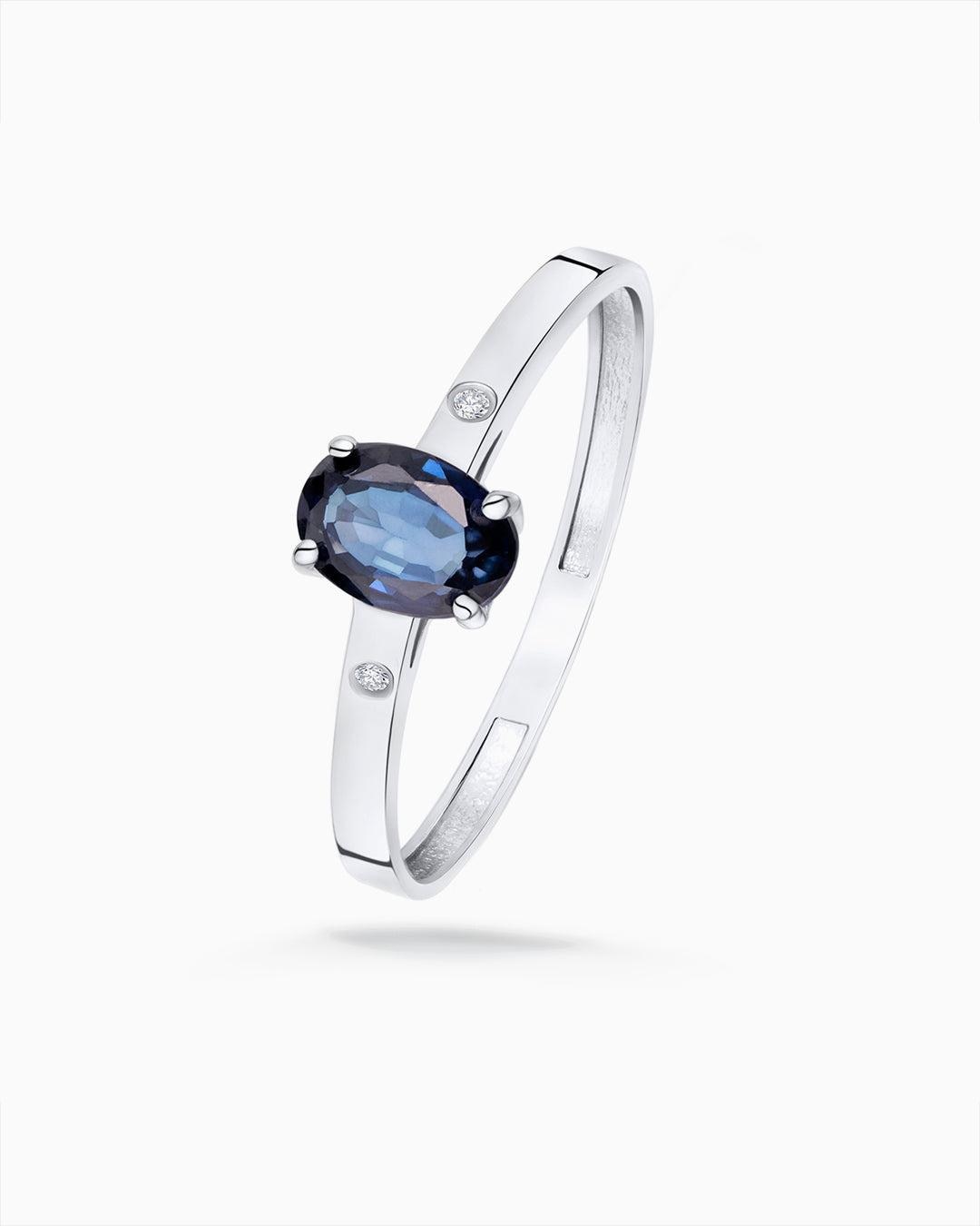 Sortija de zafiro oval y diamantes en oro blanco de 18 kt - MUMIT - Azul Azul-2