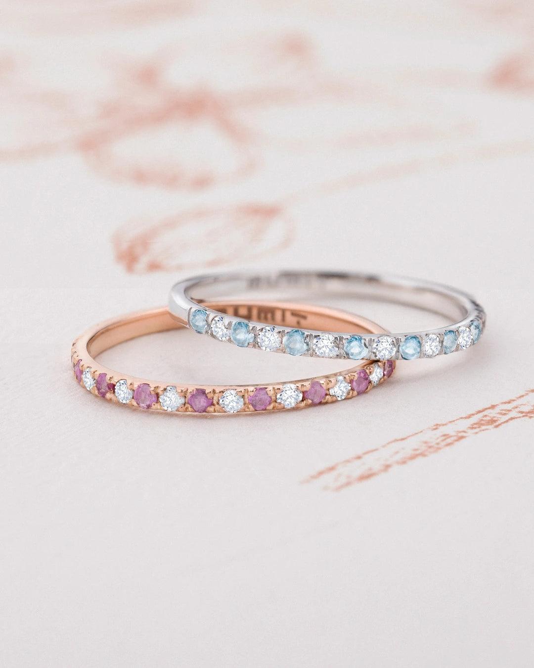 Sortija media alianza milett diamantes y aguamarinas en oro blanco de 18 kt - MUMIT - Azul Azul-4