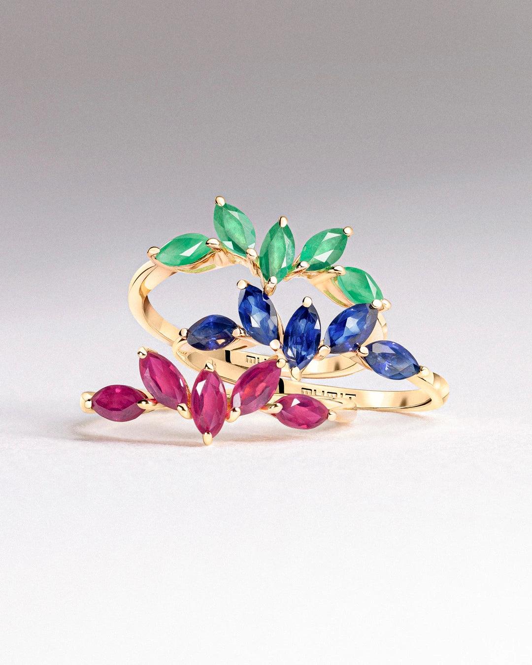 Imagen 5 de Sortija tri-marquise zafiro en oro amarillo de 18 kt - MUMIT - Azul Azul