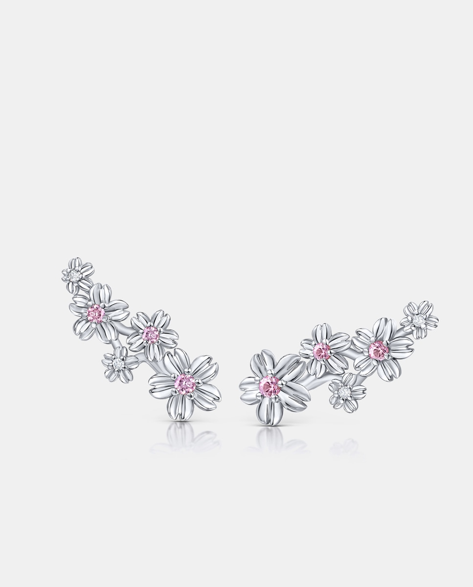Pendientes trepadores sakura de zafiros rosas y diamantes en oro blanco de 18 kt - MUMIT - Rosa Rosa-1