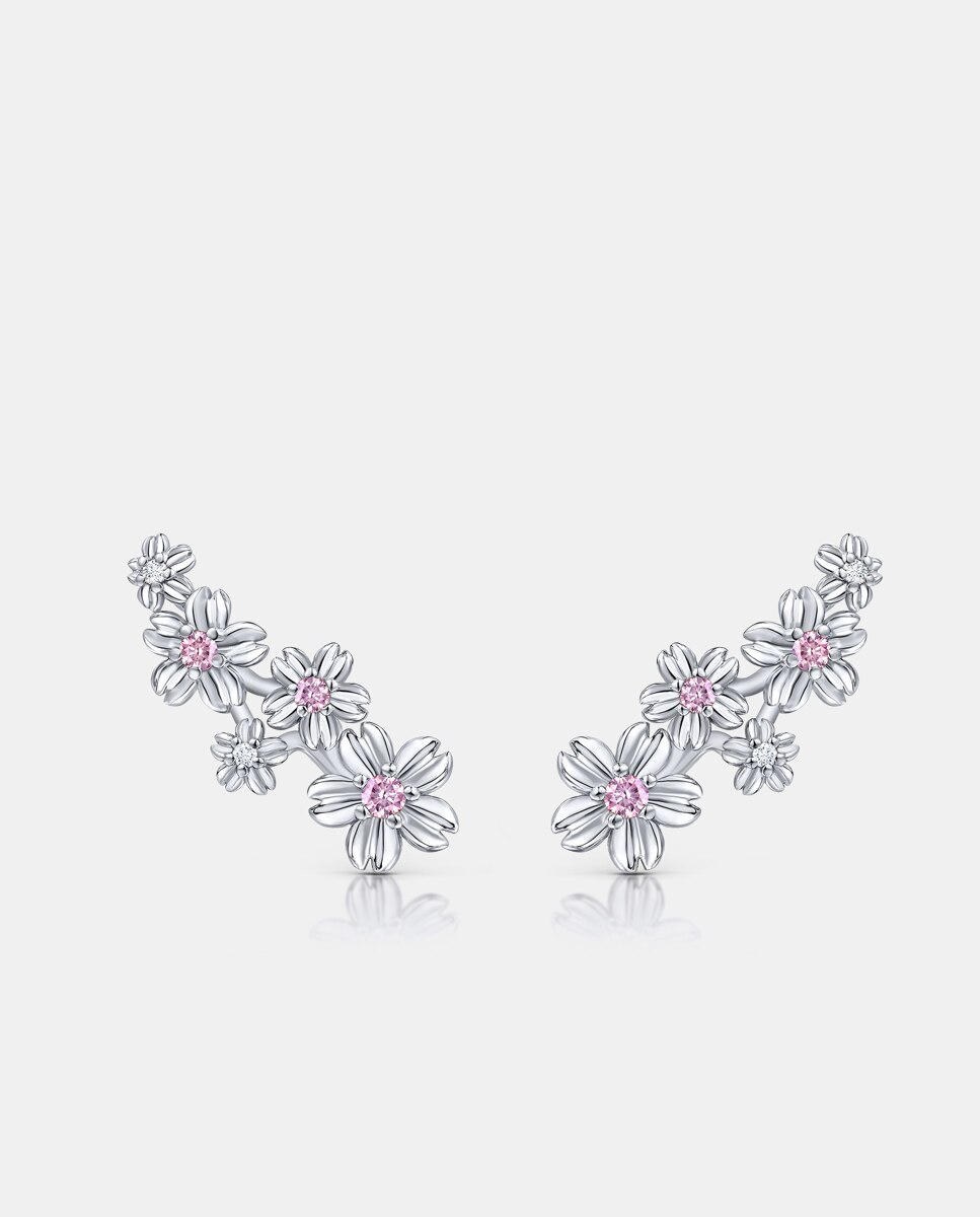 Pendientes trepadores sakura de zafiros rosas y diamantes en oro blanco de 18 kt - MUMIT - Rosa Rosa-2