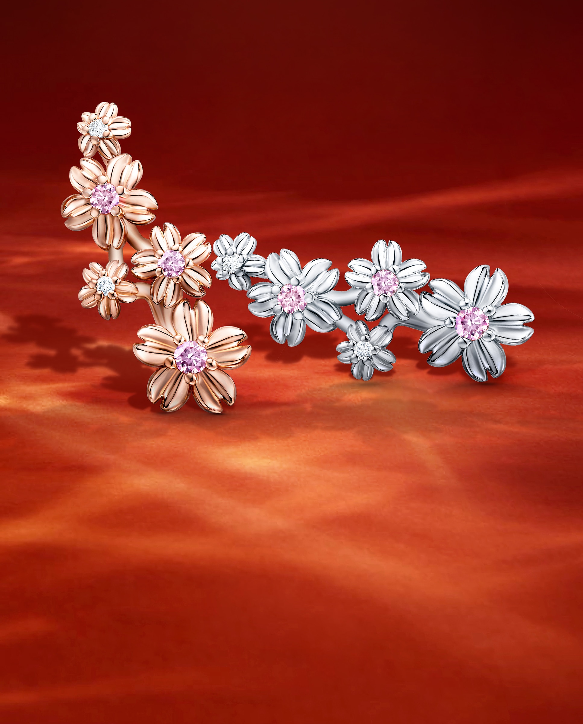 Pendientes trepadores sakura de zafiros rosas y diamantes en oro blanco de 18 kt - MUMIT - Rosa Rosa-4