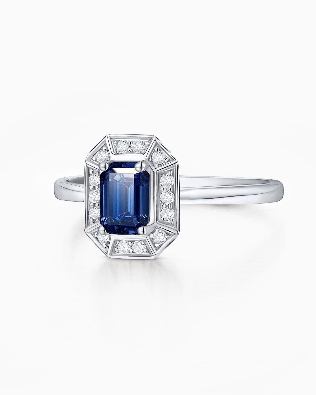 Sortija art deco helen de zafiro y diamantes en oro blanco de 18 kt - MUMIT - Azul Azul-4