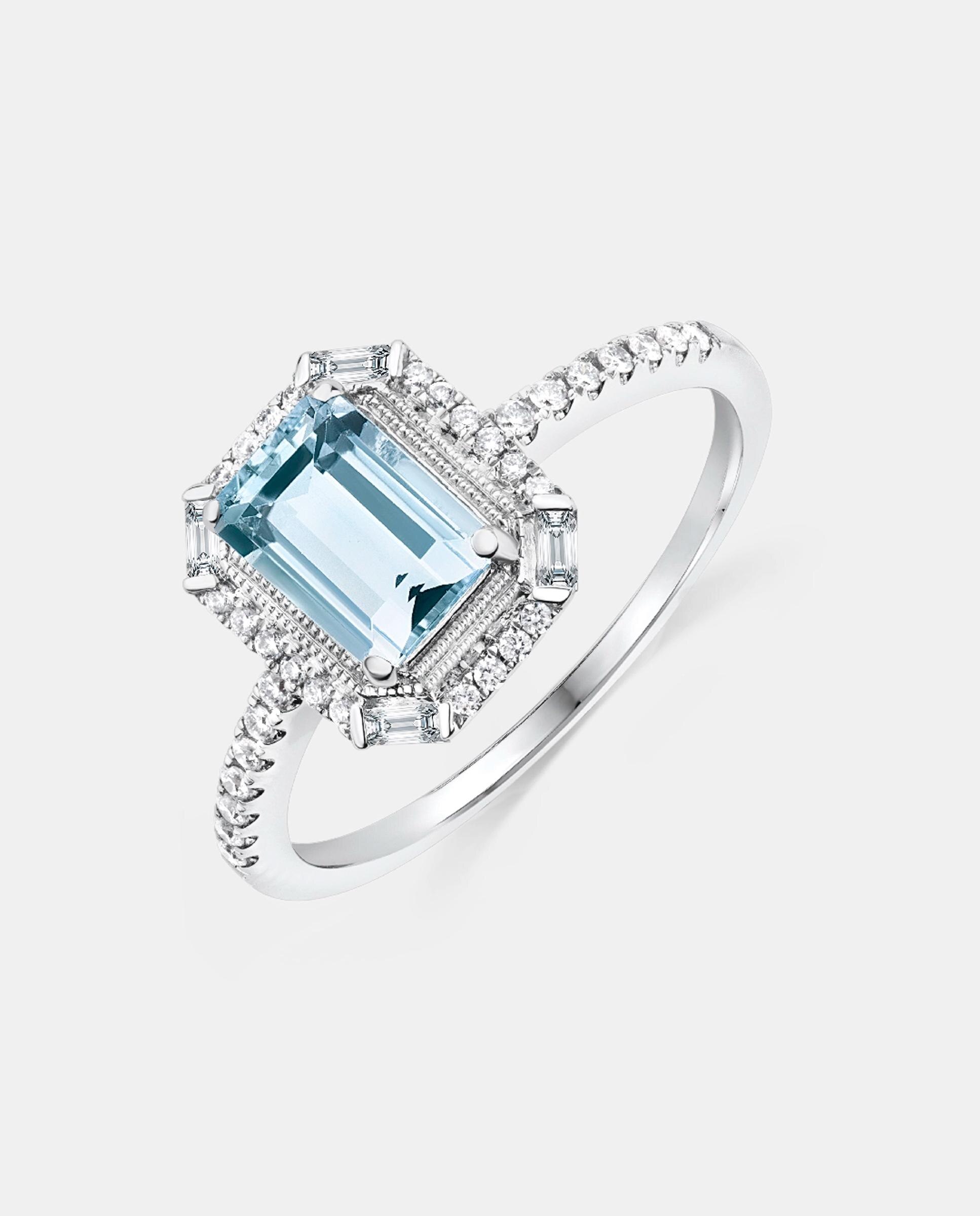 Imagen 0 de Anillo art deco clarice de aguamarina y diamantes en oro blanco de 18 kt Azul índigo