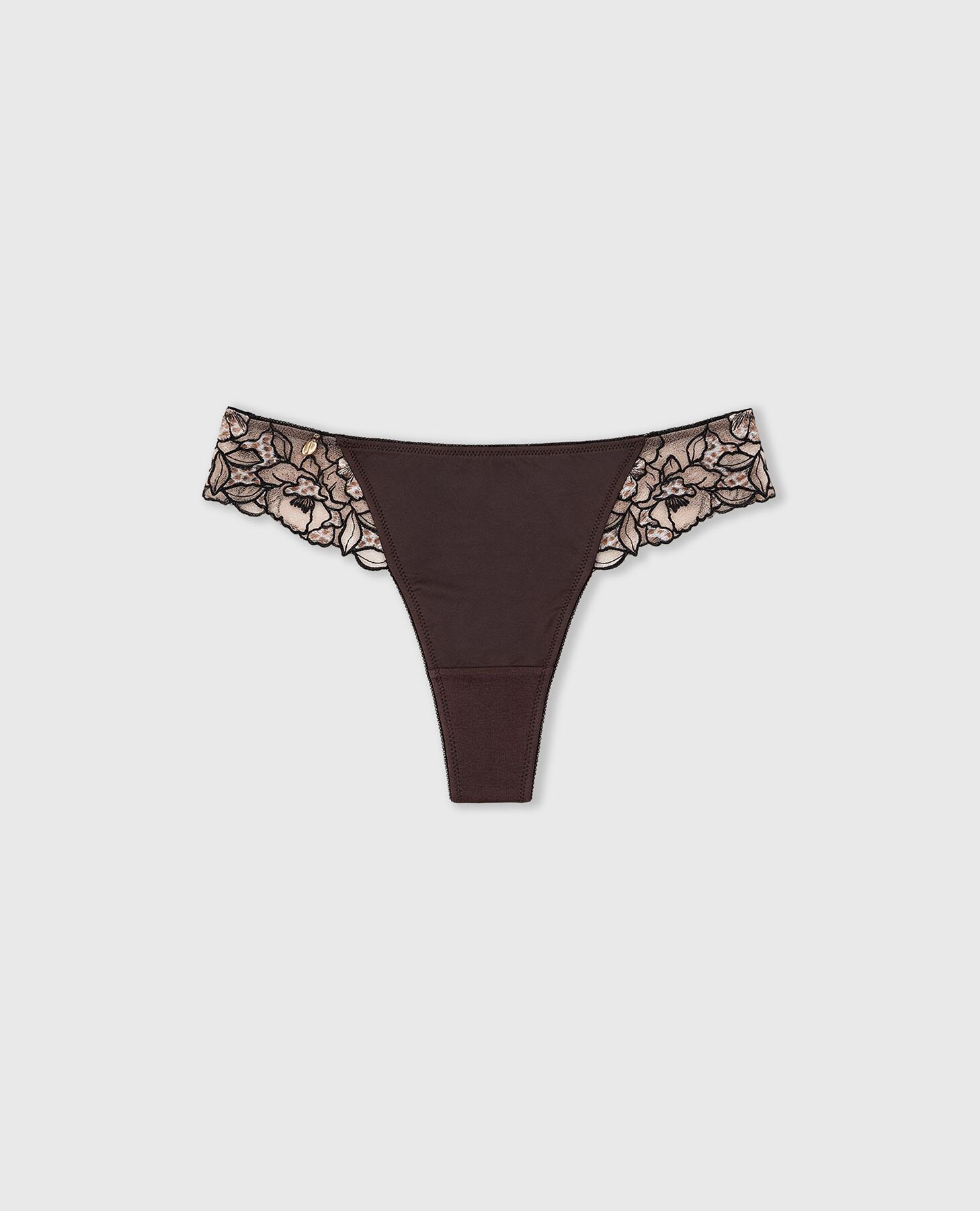 Tanga de tul bordado con detalles florales - Black Limba - Marrón chocolate Marrón chocolate-8