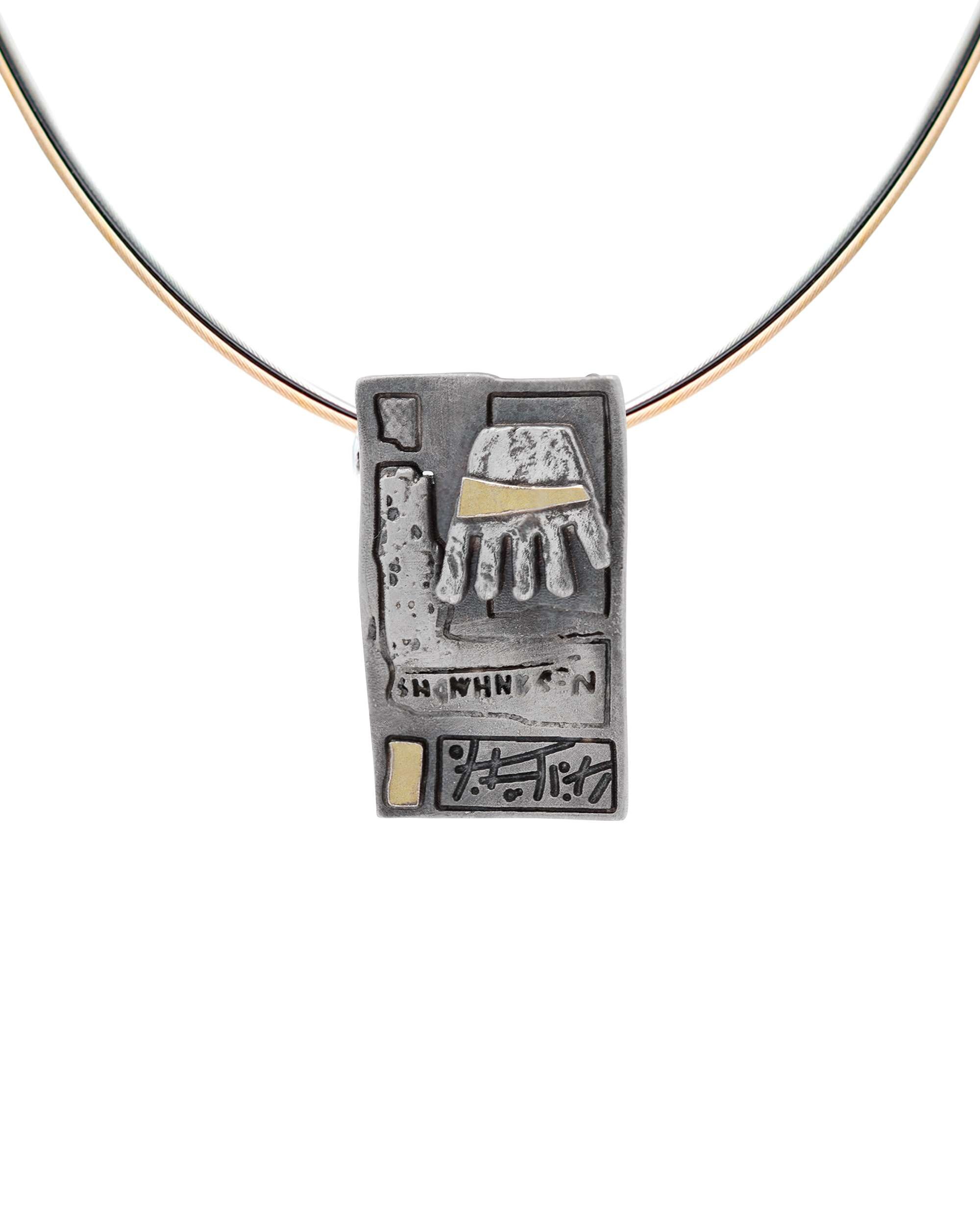 Colgante irulegi rectangular de plata y lámina de oro - Eguzkilore - Plateado Plateado-2