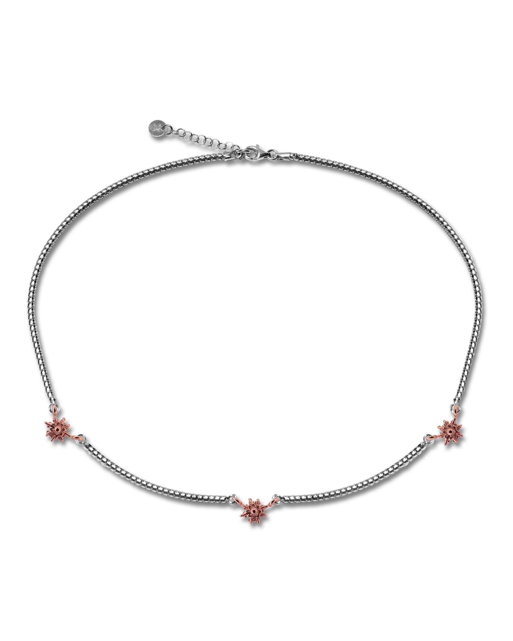 Collar de plata con 3 eguzkilore rosas y cadena semirígida - Plata / Rosa Plata / Rosa-1