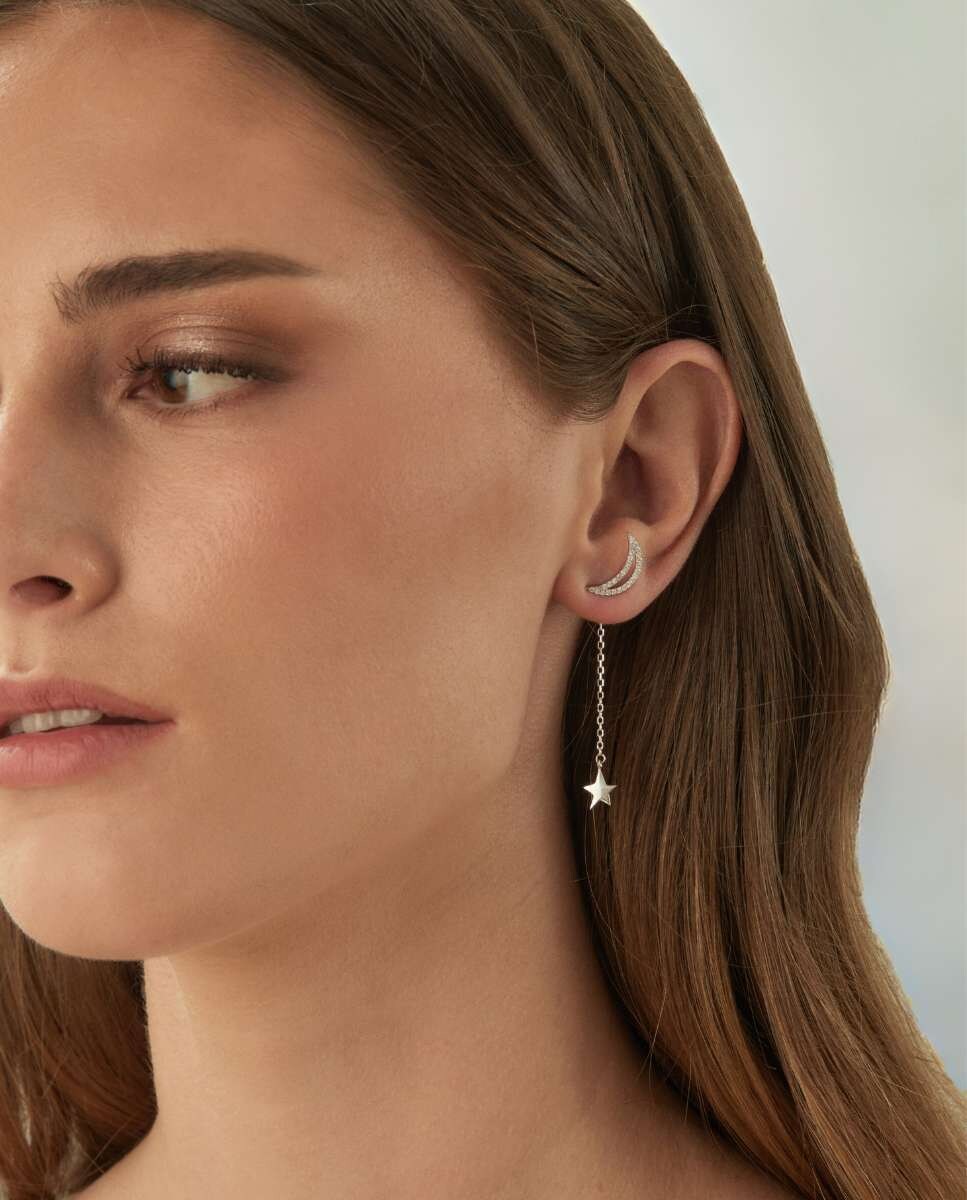 Pendientes asimétricos Galaxy de plata bañados en rodio Morado-3