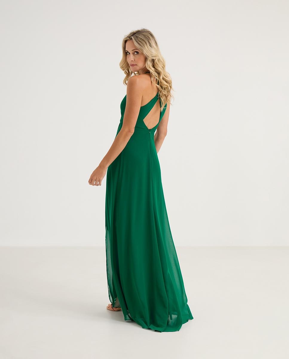 Vestido largo con escote de pico y abertura lateral - Veneno en la piel - Verde Verde-2