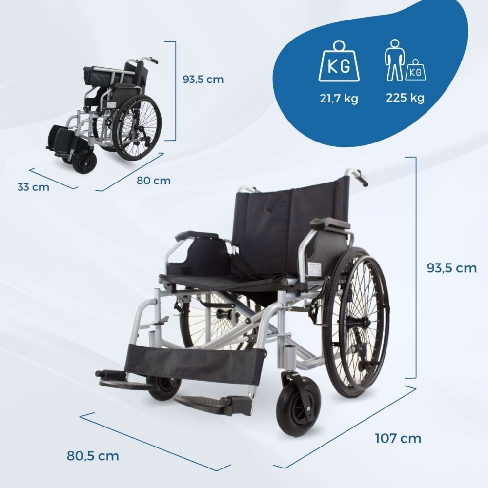 Silla de ruedas hasta 235kg plegable asiento 60cm reposapiés y reposabrazos acero Negro-2