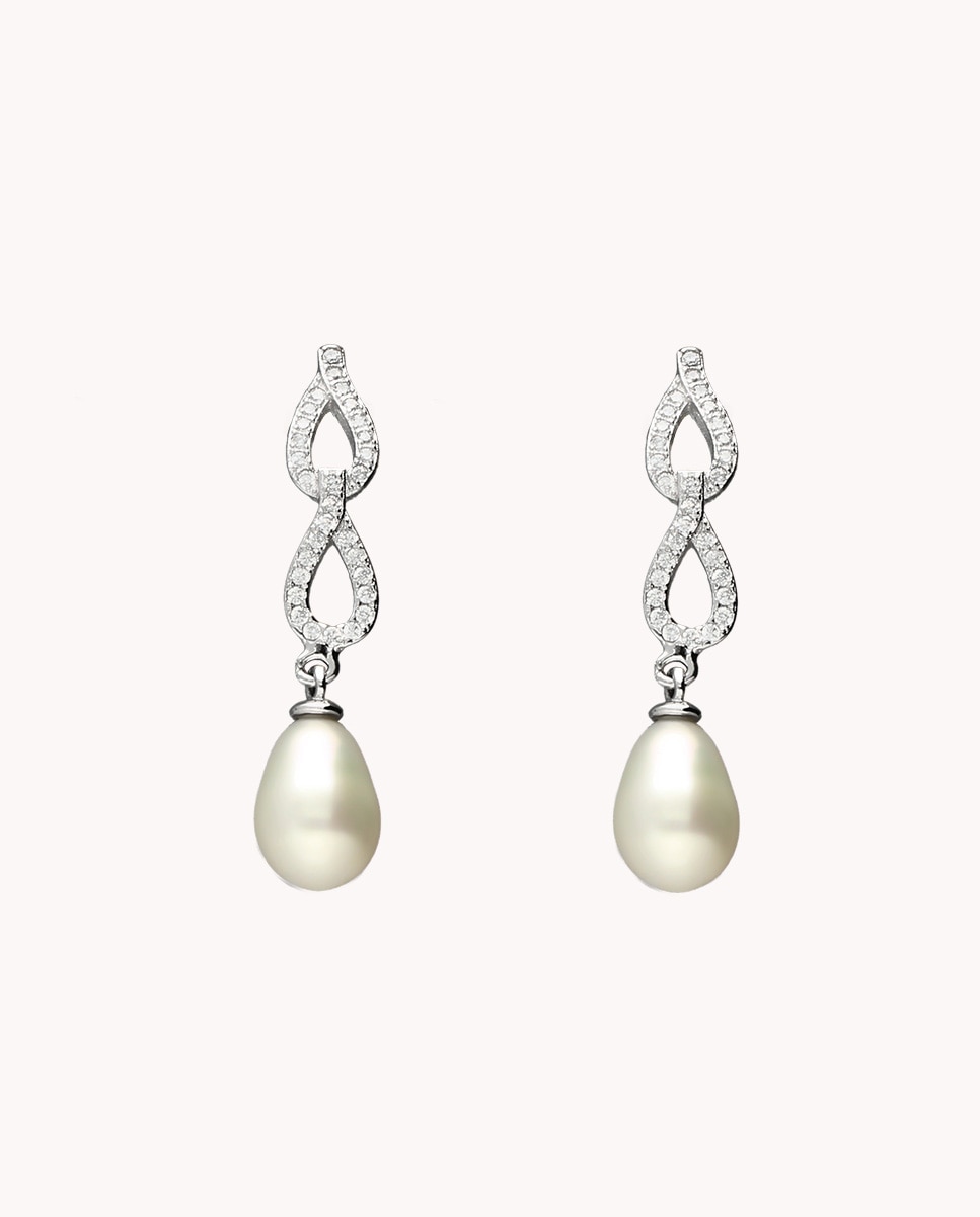 Pendientes de plata bañada en rodio con perla cultivada y circonitas - OKsilver - Blanco Blanco-1