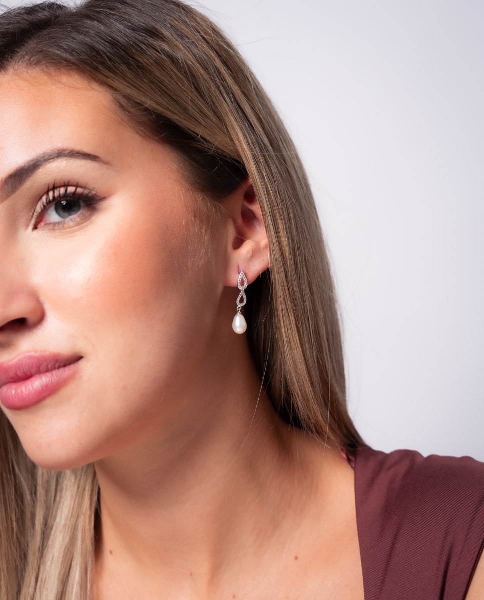 Pendientes de plata bañada en rodio con perla cultivada y circonitas - OKsilver - Blanco Blanco-2