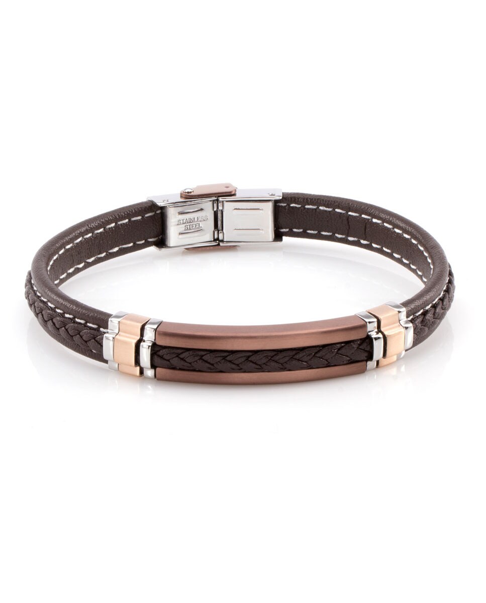 Pulsera de hombre de acero inoxidable con cuero marrón Marrón-1