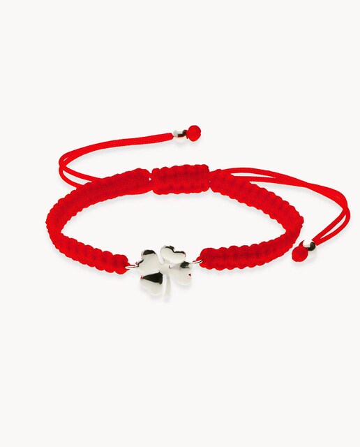Imagen 0 de Pulsera Trébol macramé rojo de plata bañada en rodio