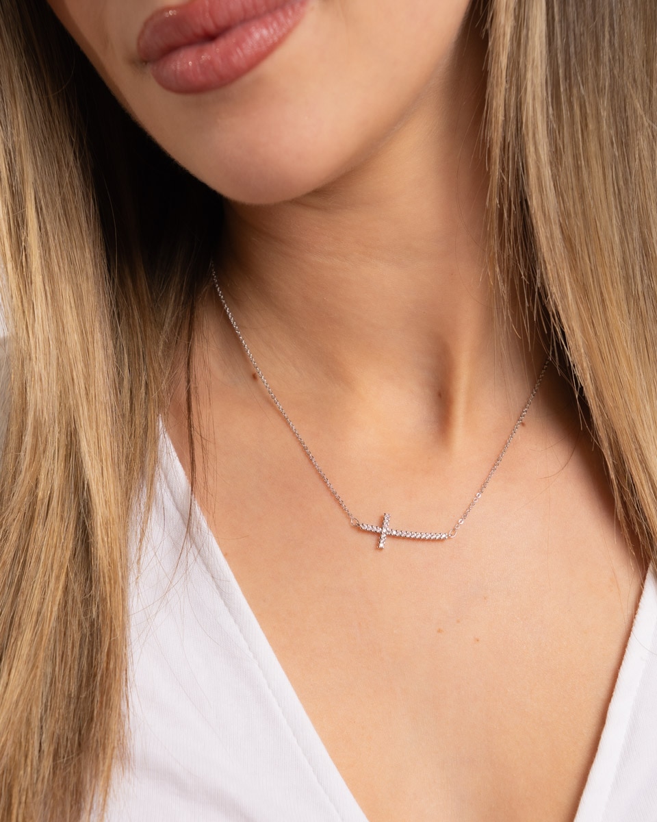 Collar de plata de ley 925 bañada en rodio con cruz - OKsilver - Plata Plata-2