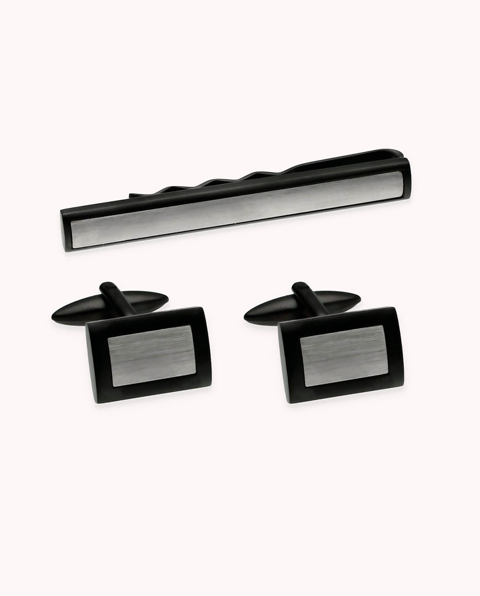 Imagen 1 de Set de gemelos y pasador de hombre de acero inoxidable Negro