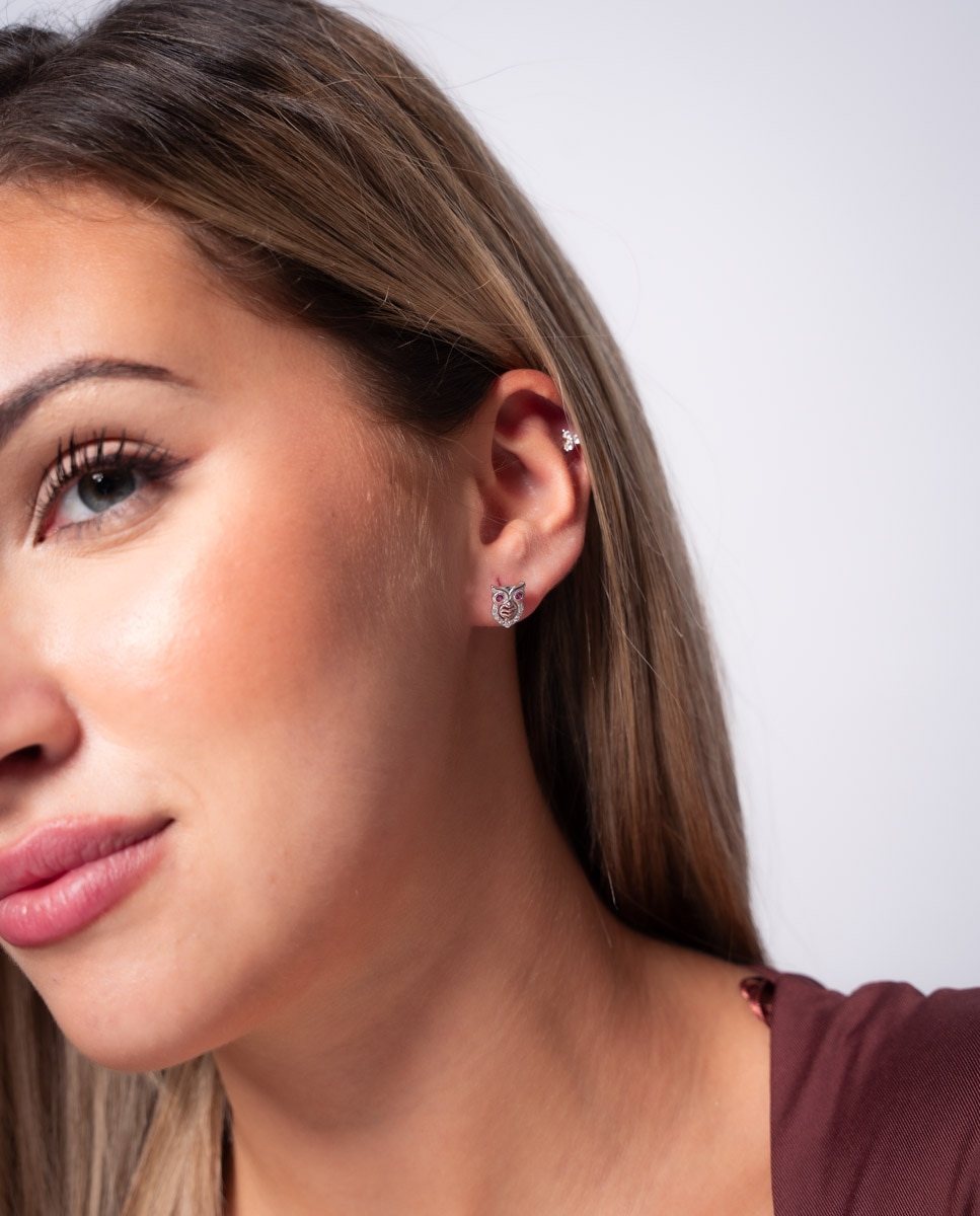Pendientes de plata bañada en rodio con búho - OKsilver - Plateado Plateado-2