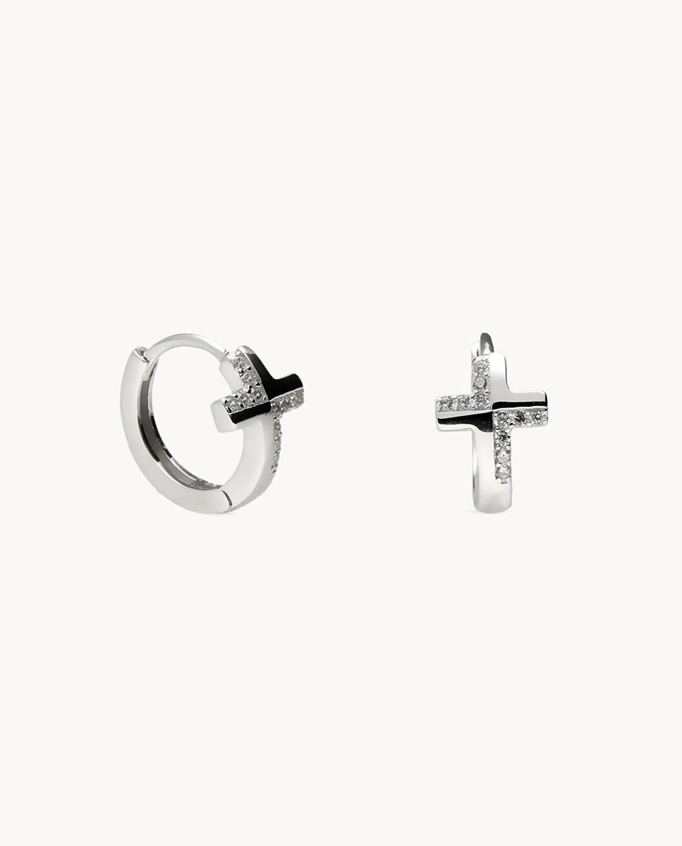 Pendientes de aro de plata bañada en rodio con cruz y circonitas Plata-1