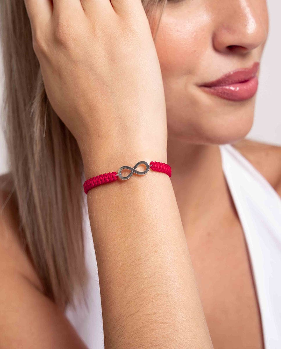 Pulsera Amistad Infinito Macramé Rojo de plata bañada en rodio