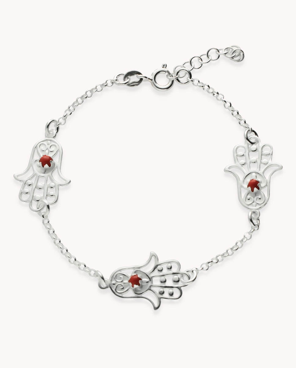 Pulsera Mano de Fátima de plata con coral - OKsilver - Multicolor Multicolor-1