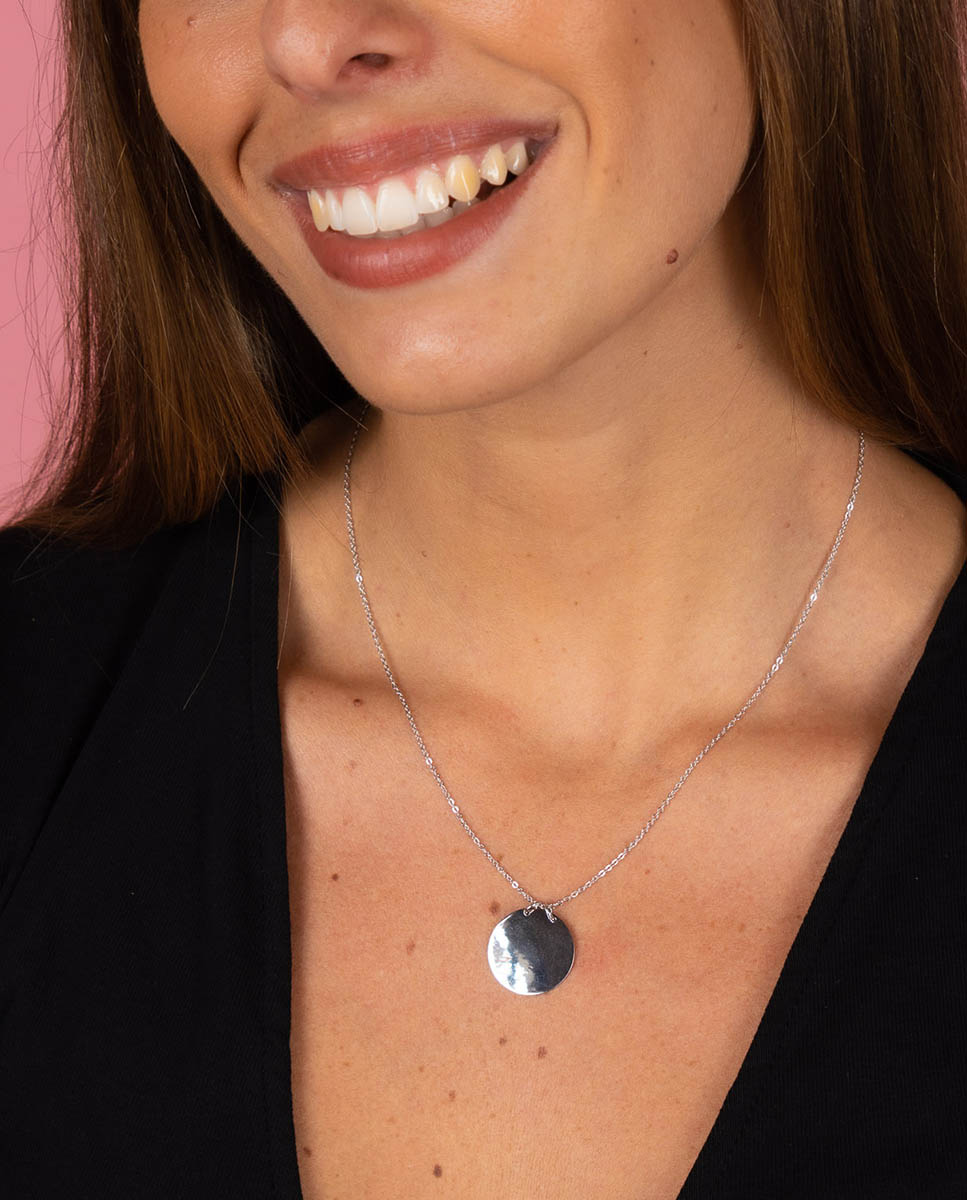 Collar placa Redonda de plata bañada en rodio - OKsilver - Plateado Plateado-2