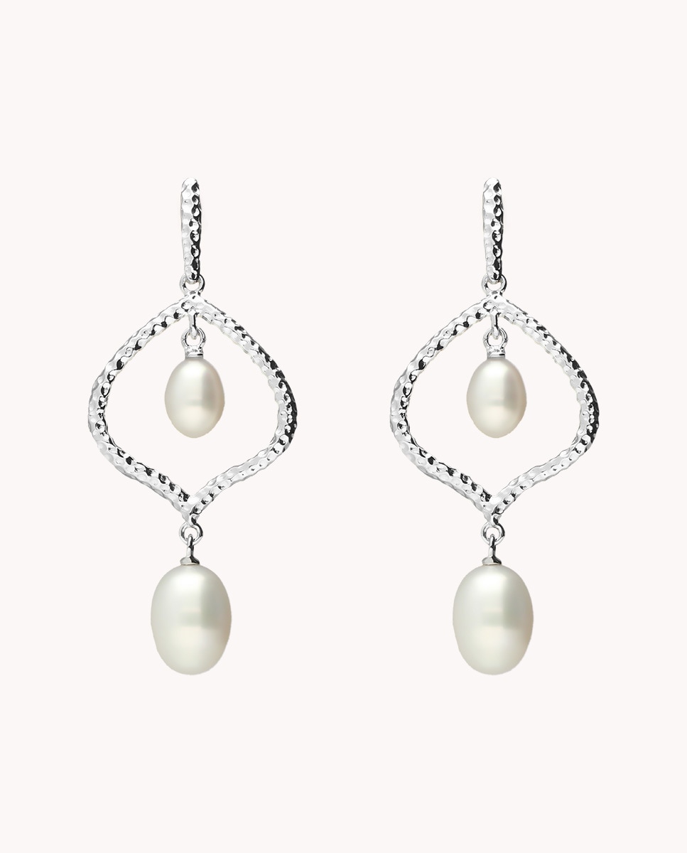 Pendientes de plata bañada en rodio con perla cultivada Blanco-1