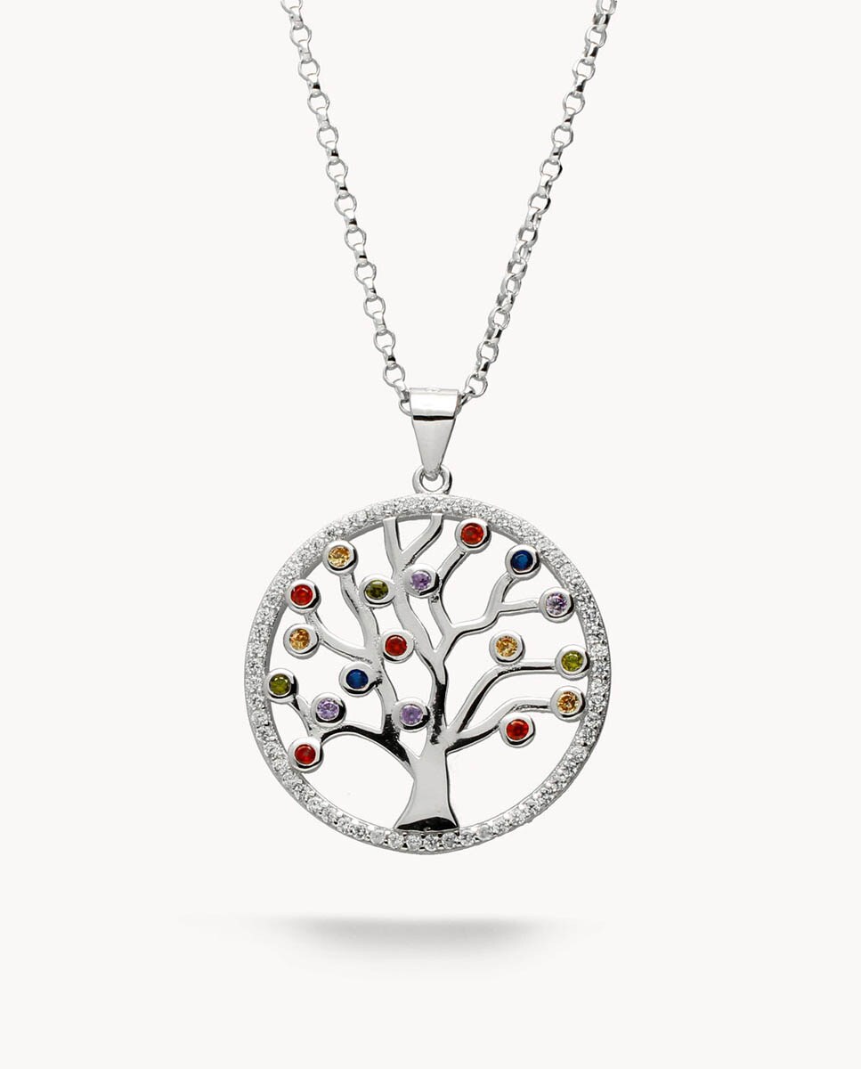 Colgante Árbol de la vida colores Otoño de plata bañada en rodio